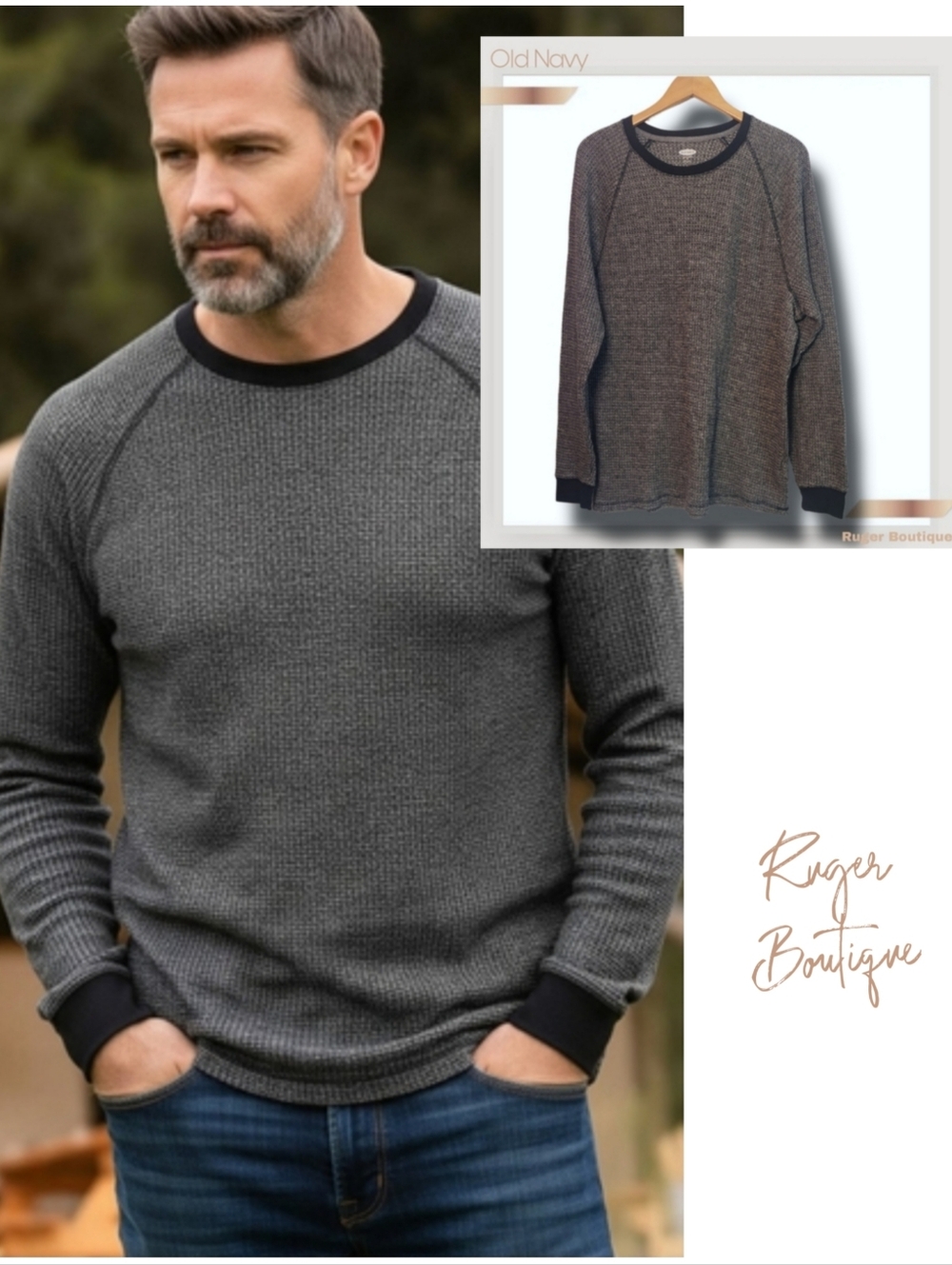 🌿Old Navy Men's XXL Gray Black Crew Neck Textured Thermal Longsleeve Shirt